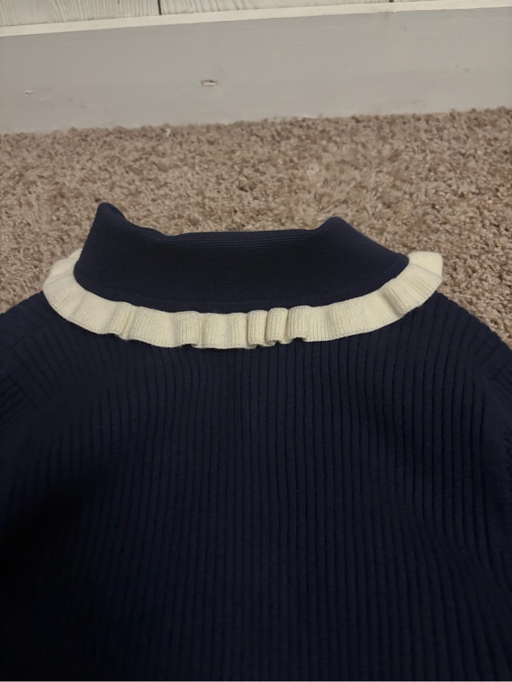 LOFT Navy Blue Ruffle Trim Knit Polo Sweater Small - Picture 7 of 10